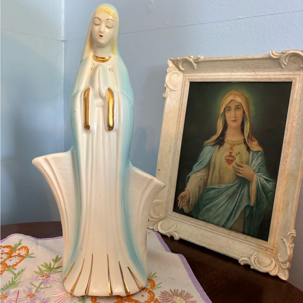 Vintage Mid Century Virgin Mary Ceramic Statue ~ Vase ~ Planter Blue & Gold